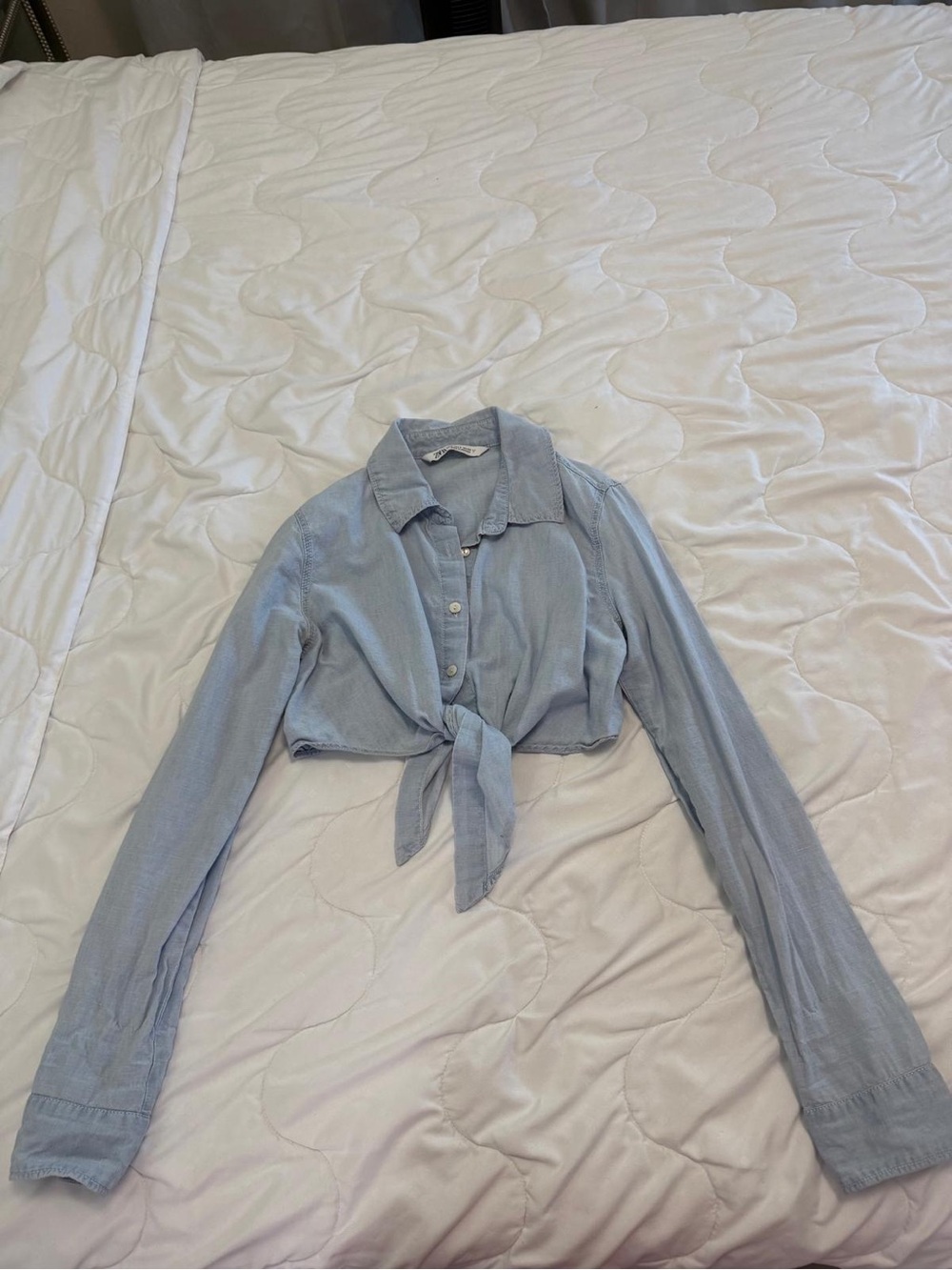 Zara Light Blue Tie-Front Button Down Shirt